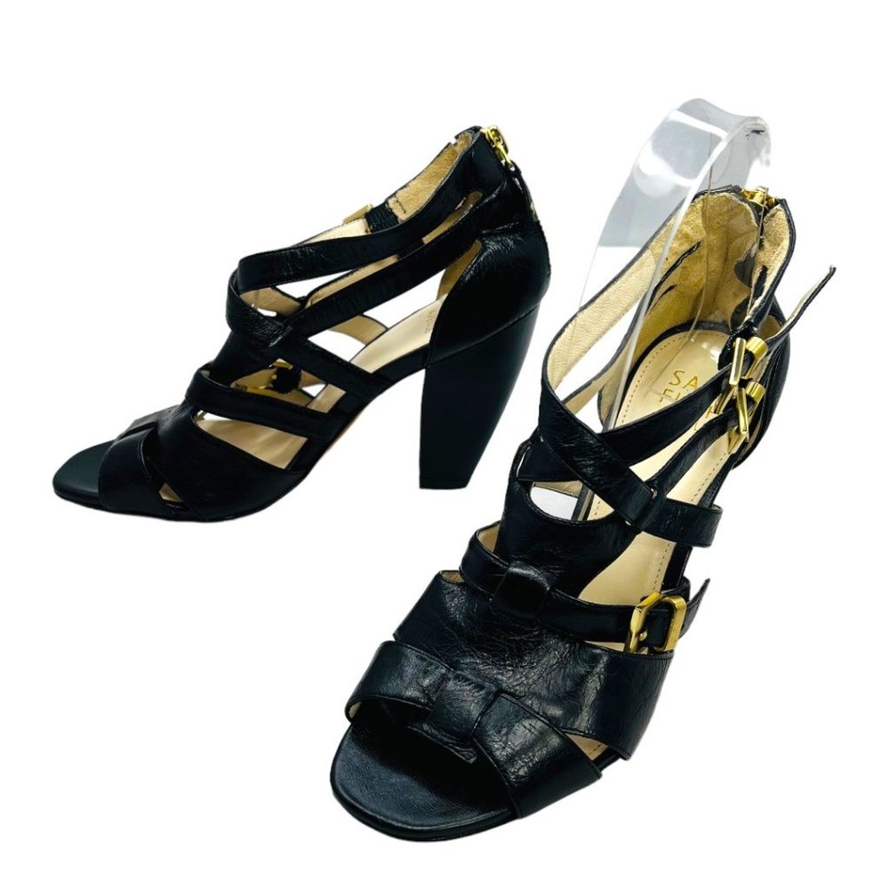 Saks Fifth Avenue Lyle Black Leather Heels Strappy Zip Open Toe Pumps 6.5M - Picture 9 of 13